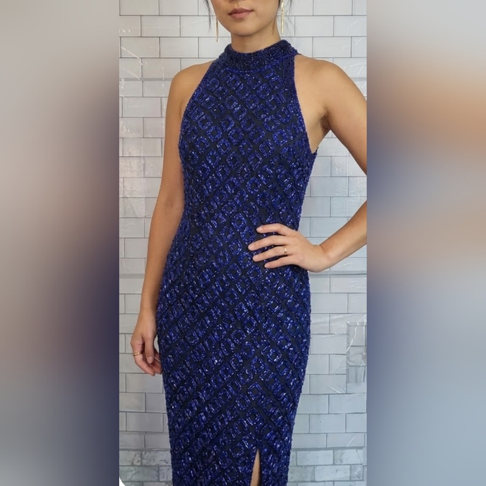 Blue Beaded Maxi Dress Laurence Kazar Size Medium